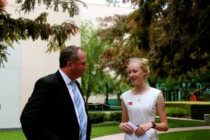  2014 Country to Canberra essay competition winner Hannah Worsley was delighted to discuss rural education and gender equality with Barnaby Joyce Member for New England.