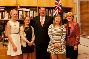 2014 Essay Comp winner Libby (second from left) was thrilled to meet her local MP, Scott Bucholz, and Foreign Minister JUlie Bishop. 